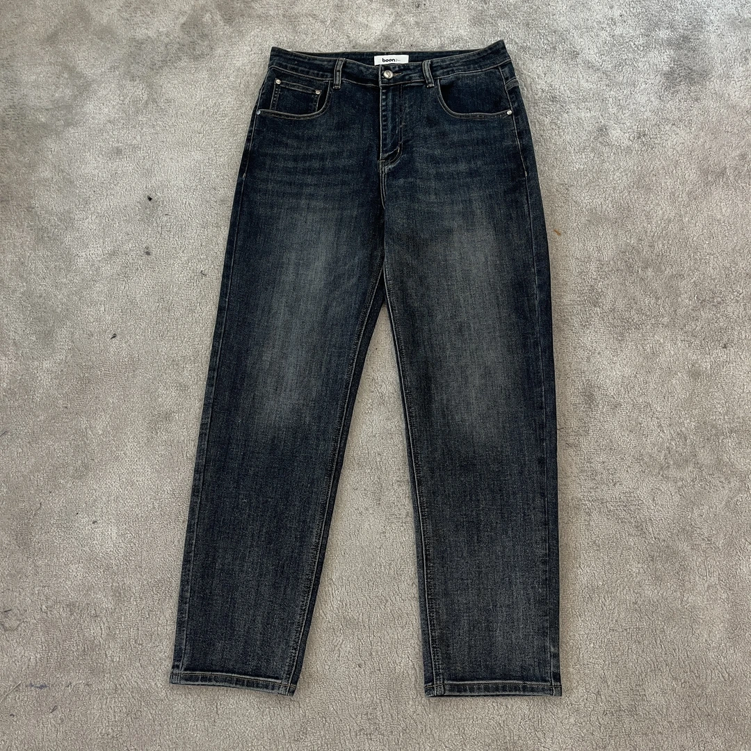 秋季男款不加绒牛仔裤修身直筒美式水洗复古战码深蓝色休闲裤子