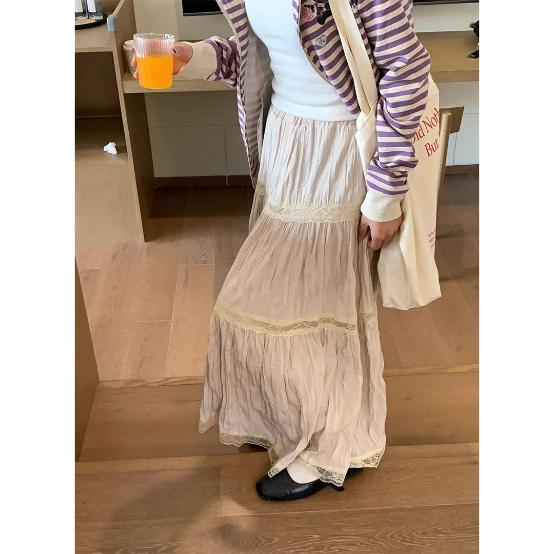 NIDEBLACK韩系少女蕾丝拼接半身裙女温柔百搭小众褶皱长裙A字裙女