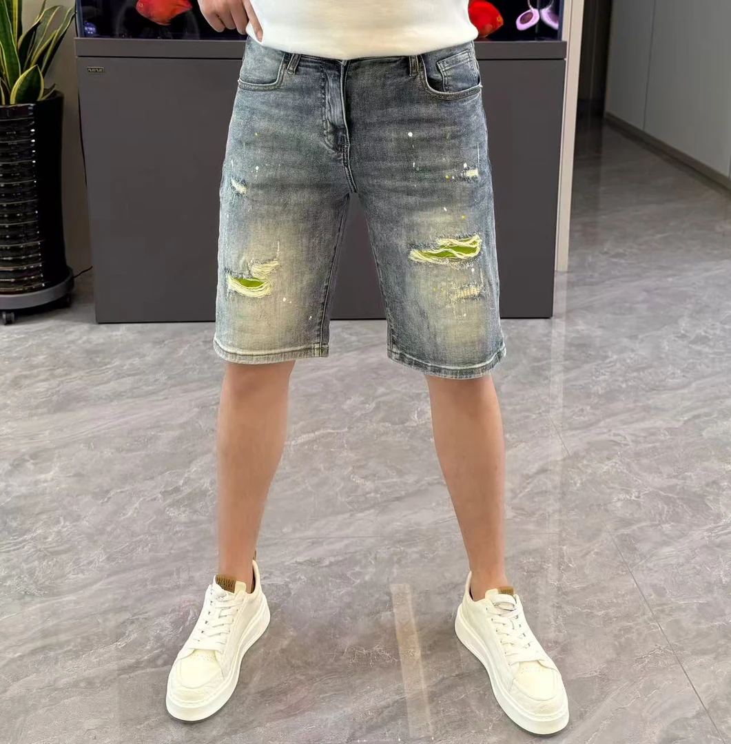 牛仔短裤夏季薄款男裤时尚泼墨五分裤破洞撞色牛仔中裤男个性百搭