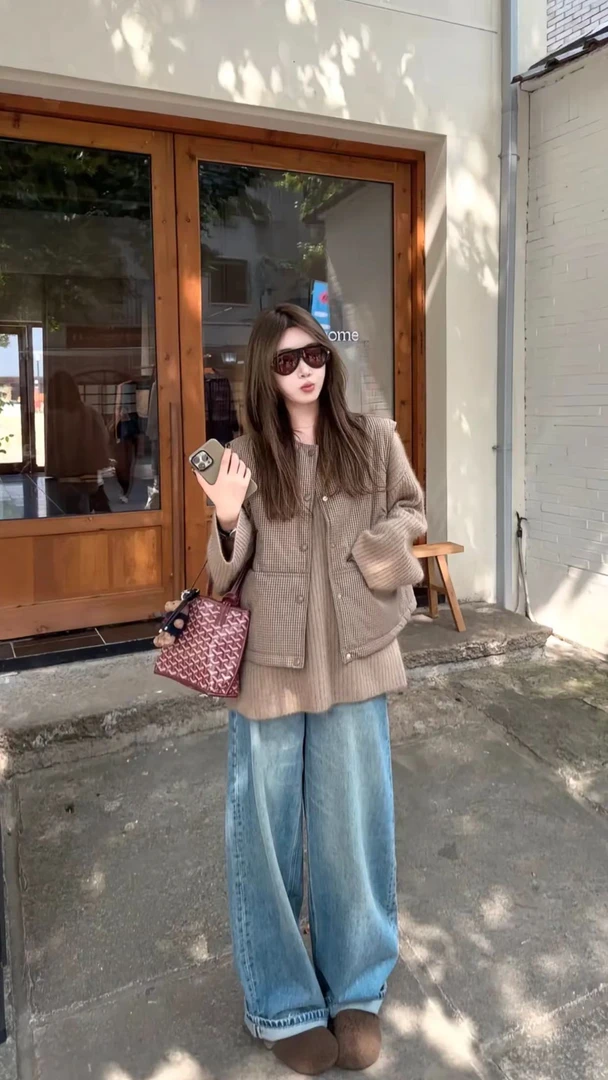 法式复古百搭时尚马甲背心长袖针织套头毛衣女休闲宽松牛仔裤子潮