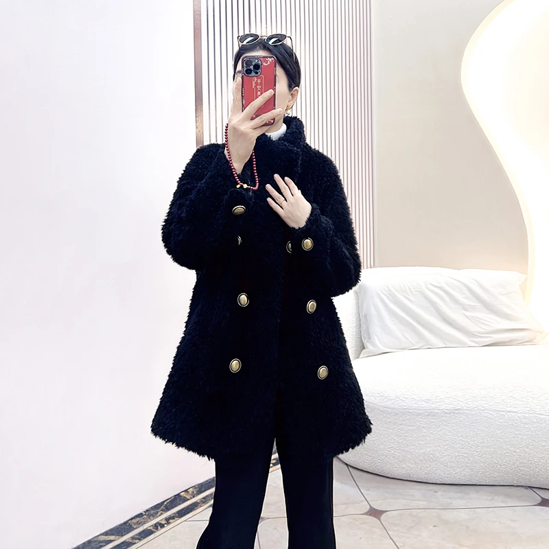 双排扣全羊毛中长款冬季外套通勤厚款常规宽松型短外套休闲法式
