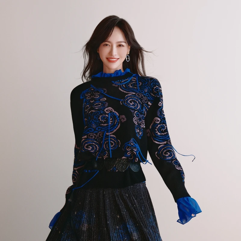 EP雅莹蓝标系列|唐嫣同款 国风民族提花圆领毛衣 25秋装新款9591A