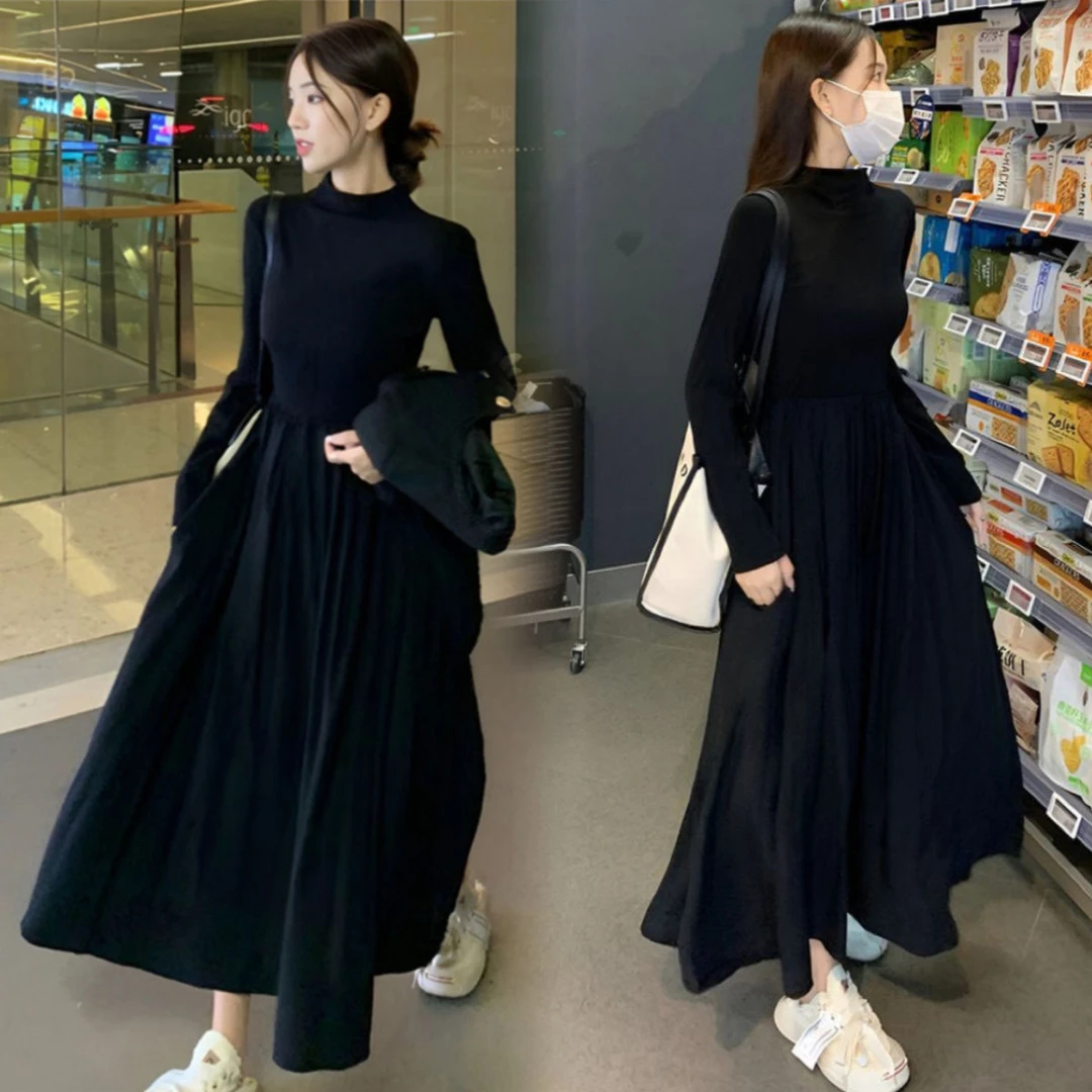 春装赫本风半高领长袖连衣裙女2025新款收腰显瘦中长款A字大摆裙