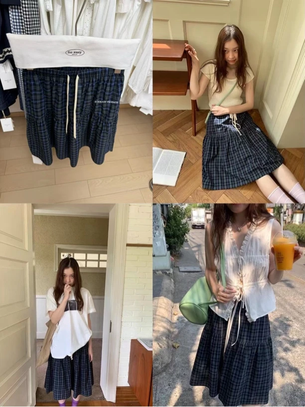 Ins博主同款复古五分格子裙2969