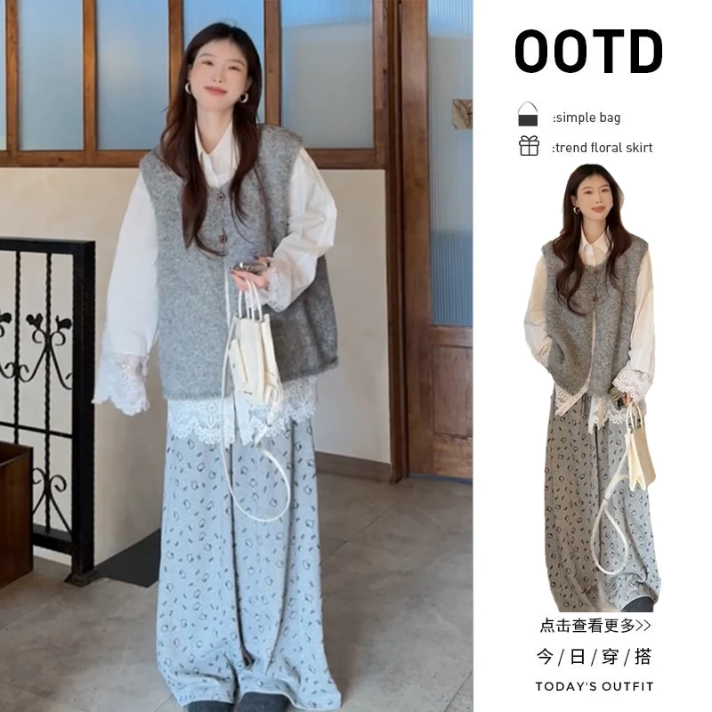 初春穿搭一整套2025新款白色蕾丝衬衫针织马甲百搭阔腿裤三件套女