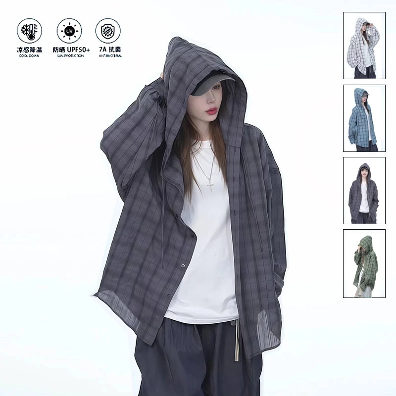 连帽格子长袖衬衫男女潮牌宽松衬衣防晒外套美式复古休闲春夏季