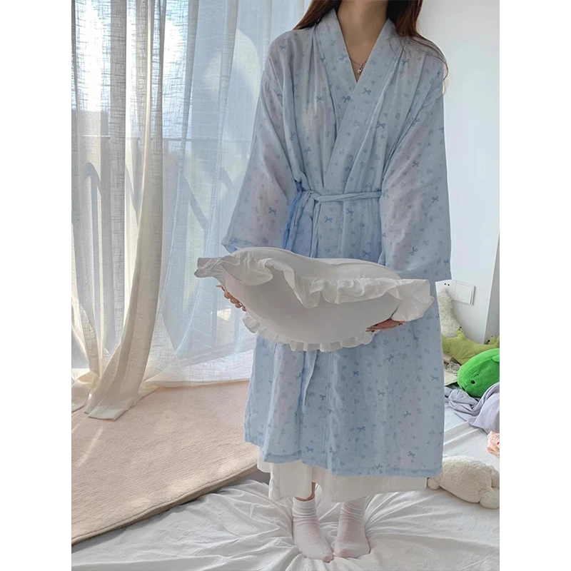 【蝴蝶结印花】日系甜美风长袖睡袍女夏季爆款大码可外穿睡裙家居服
