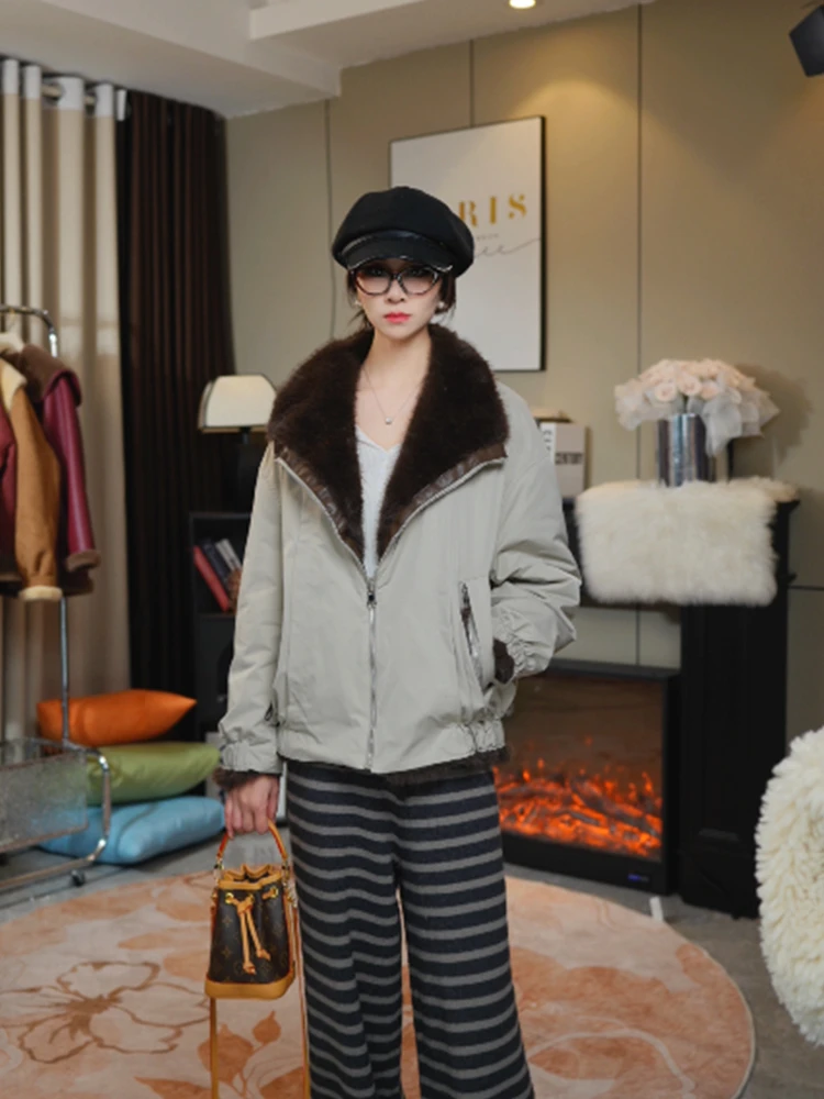 冬季慵懒风两面穿翻领保暖宽松短外套2025新款时尚毛领潮流大衣