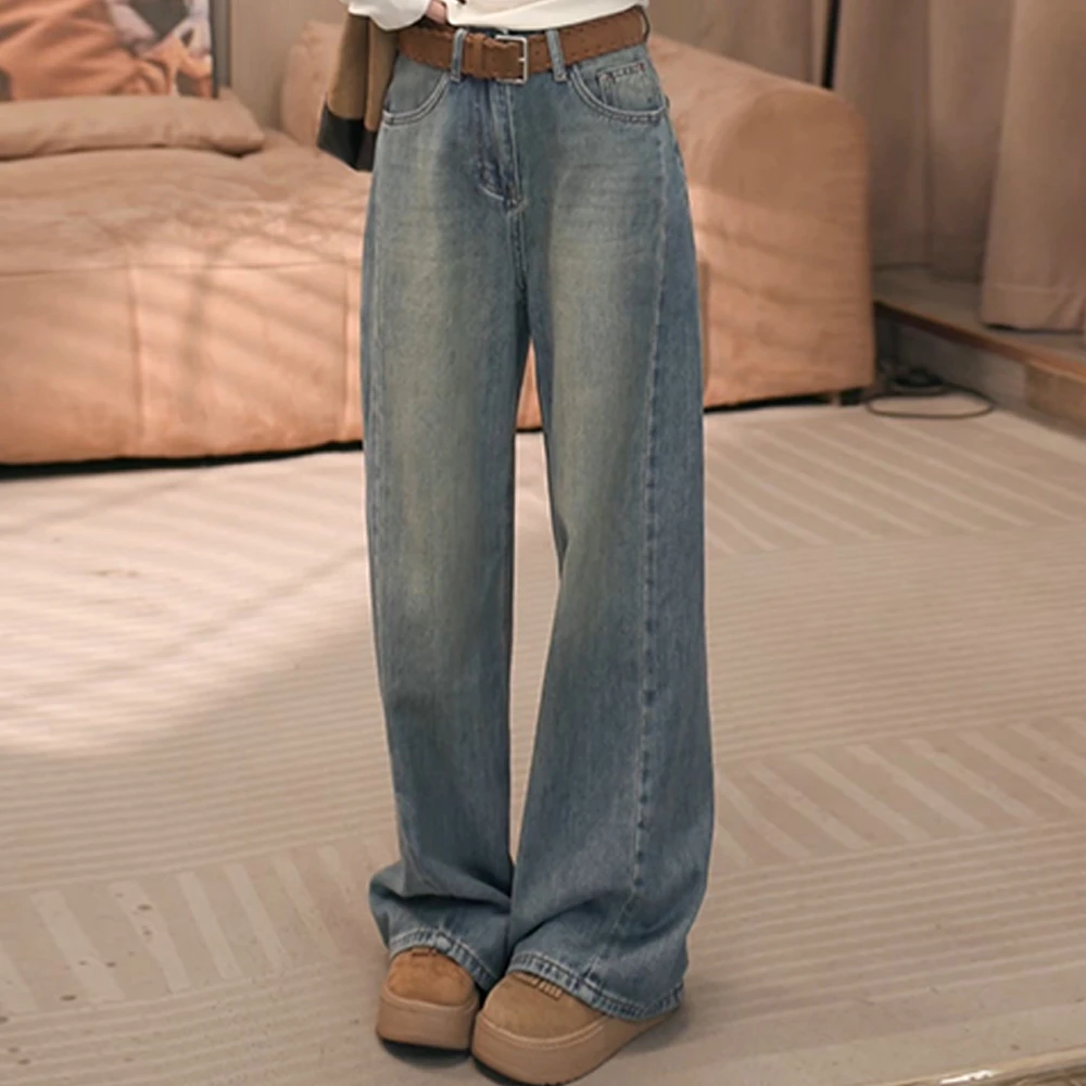 时尚百搭洋气直筒牛仔裤女2025年秋季新款潮流设计感显瘦阔腿裤