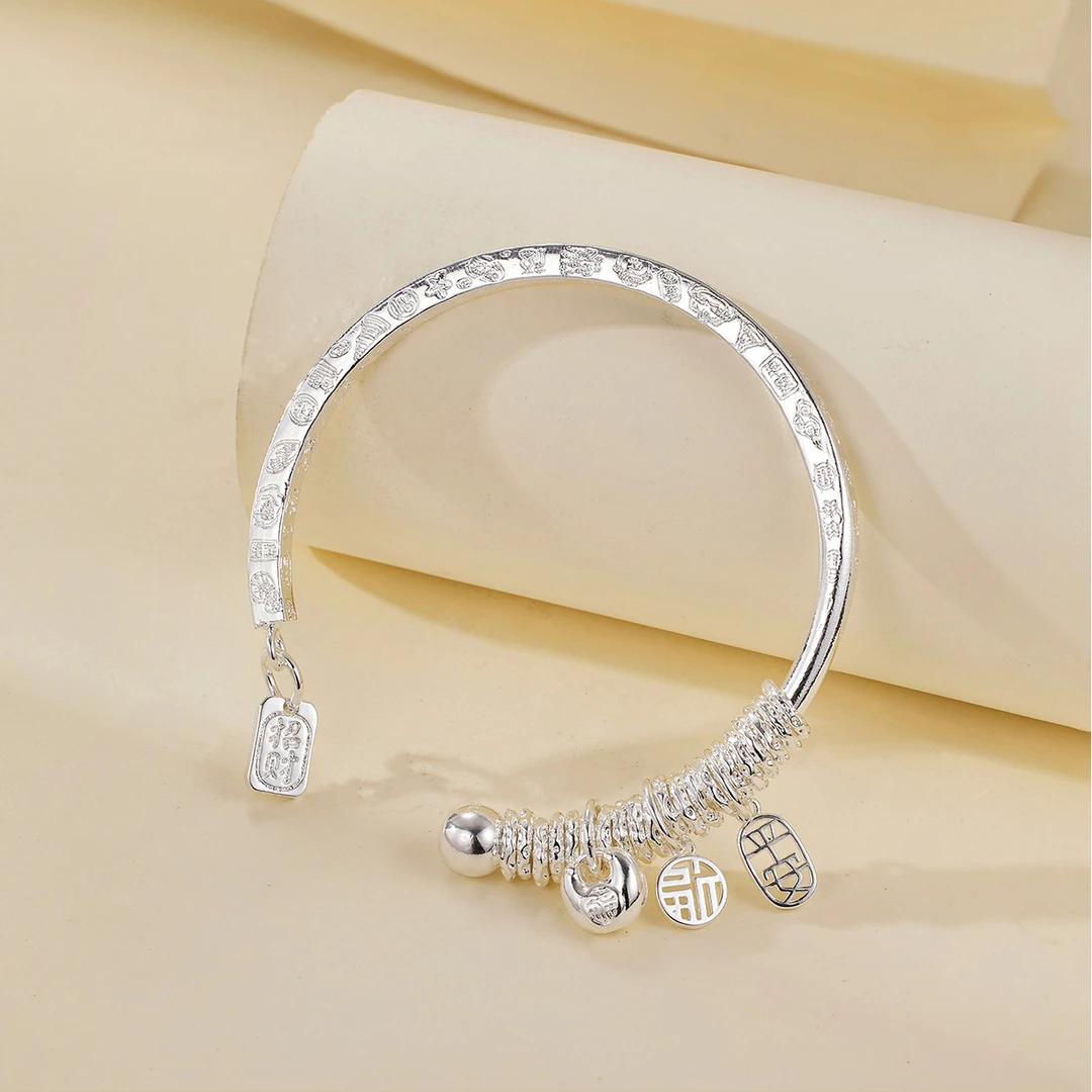 足银手镯 招财福盘缠手镯足银999简约百搭时尚设计情人节送女朋友