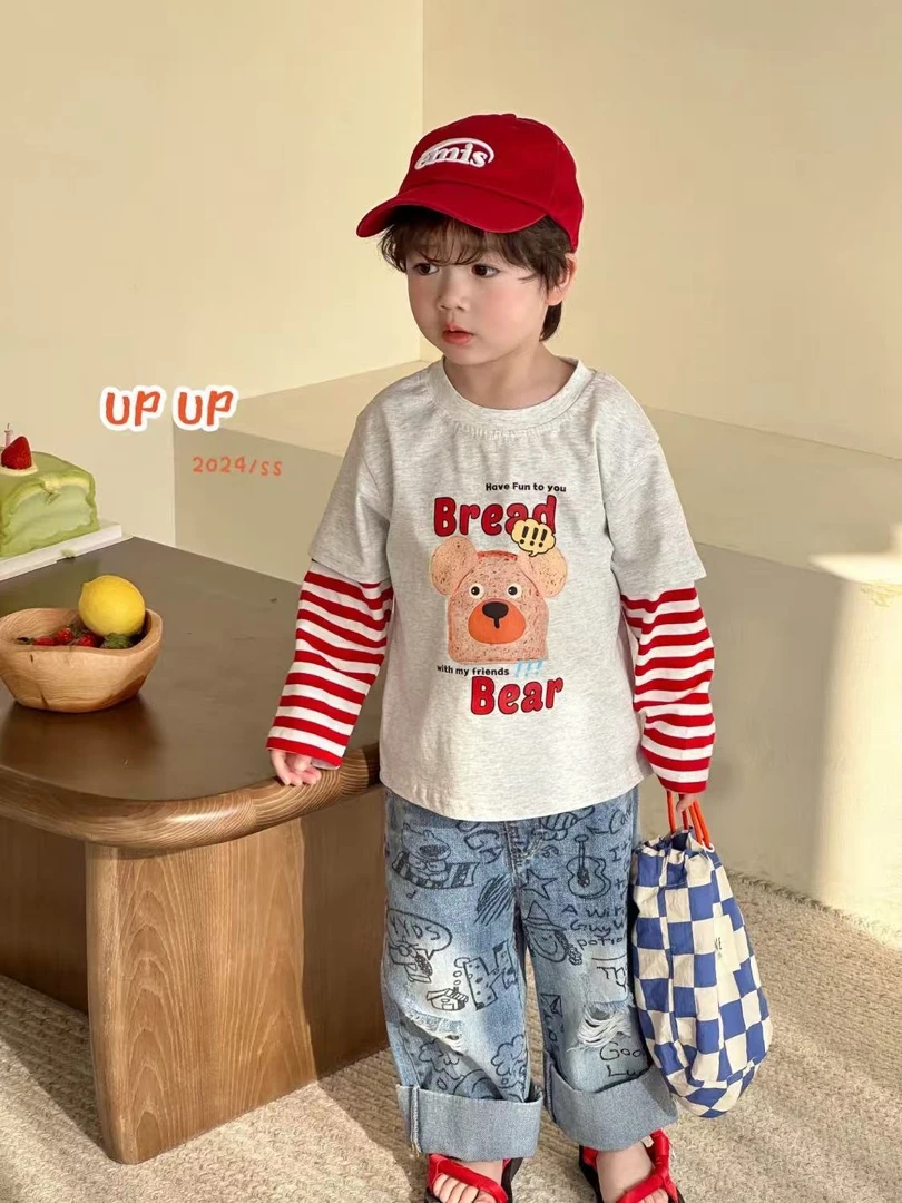 男大童春秋夏 纯棉 休闲宽松 潮牌 韩版时尚 高织假两件长袖T恤