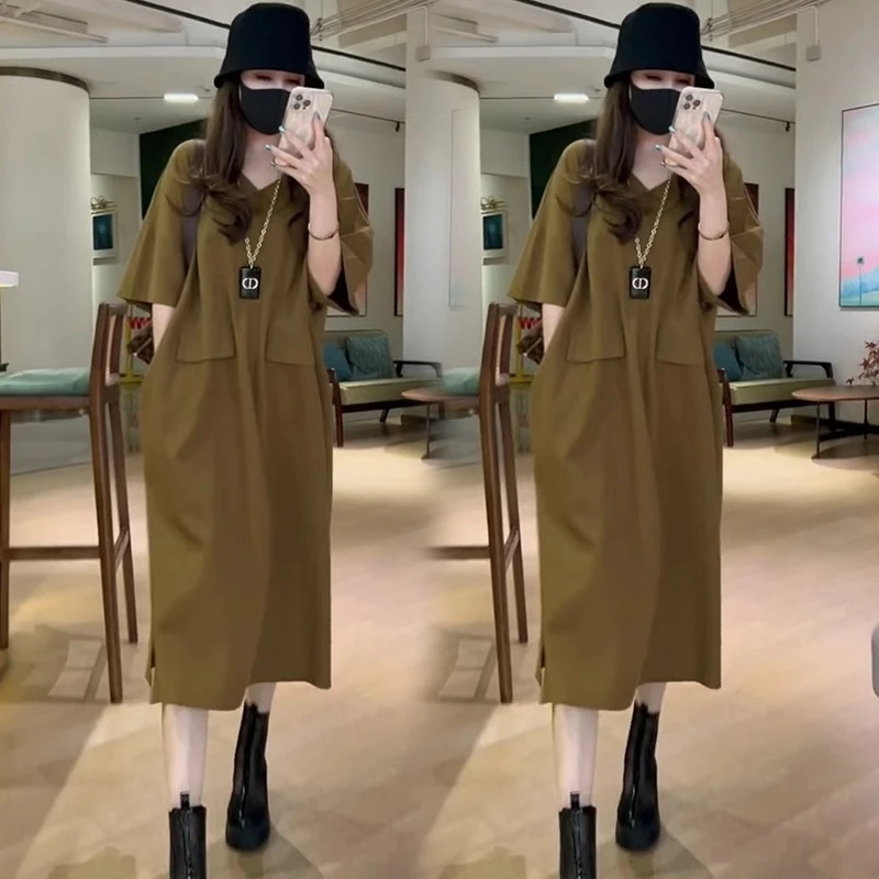 夏季口袋大码宽松显瘦裙女2025新款韩版连衣裙中长款过膝长裙