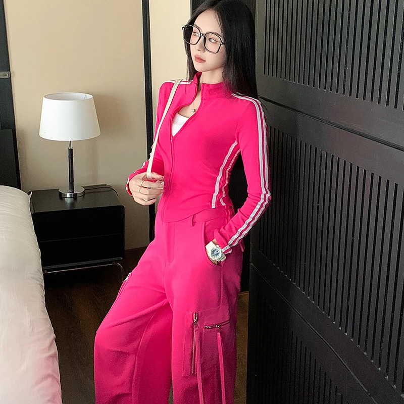 玫红色休闲运动健身服2025春秋长袖网红时尚洋气瑜伽外套户外跑步