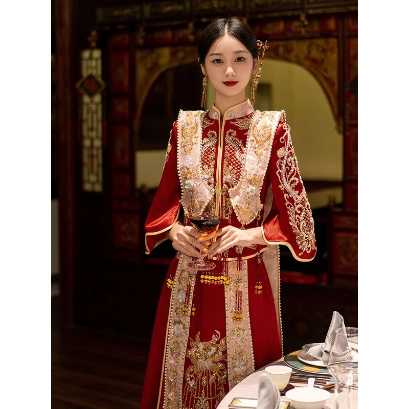 秀禾服婚服2025新款新娘嫁衣中式凤冠霞帔高级龙凤褂明制婚服051
