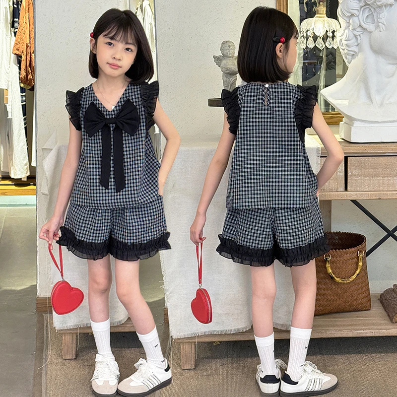 女童2025夏季新款时尚套装格子无袖背心薄款高腰显瘦短裤两件套装