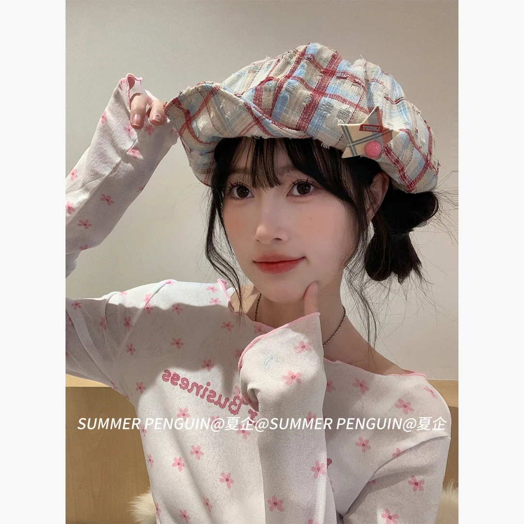 SUMMER PENGUIN日系复古学院风甜美星星格纹贝雷帽女春夏季英伦