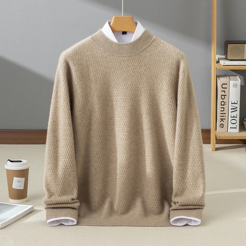 【反季特惠】男士纯山羊绒蜂窝12针半高领时尚针织长袖经典套头衫