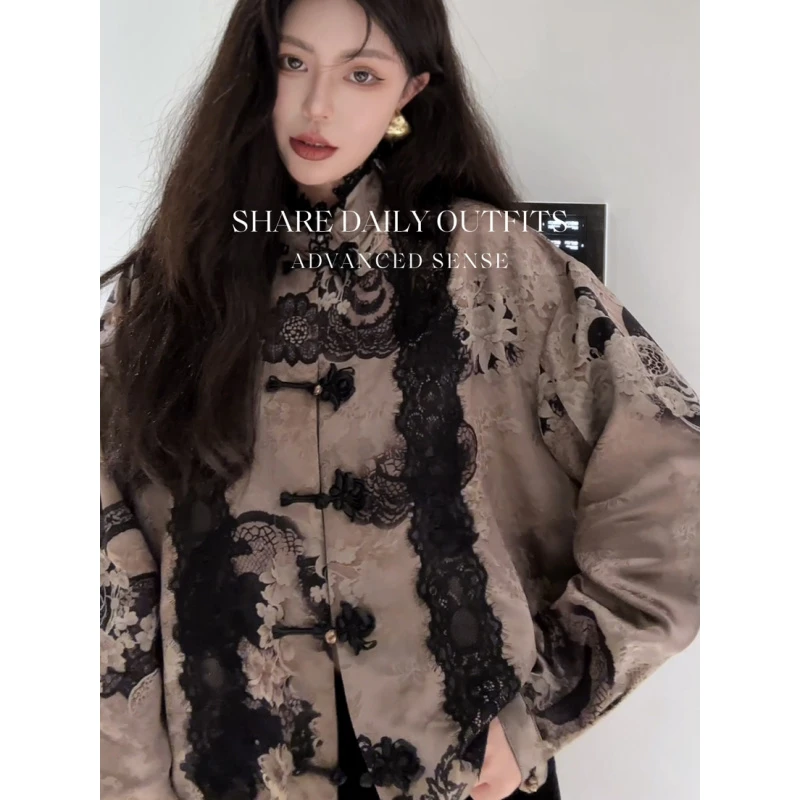 高温妮【花影】中式手工盘扣设计感蕾丝拼接廓形长袖衬衫 5e32212