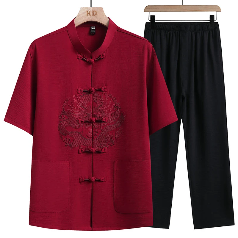 爸爸婚宴装喜宴套装唐装上衣男中国风中式短袖爷爷大寿星冰丝男装