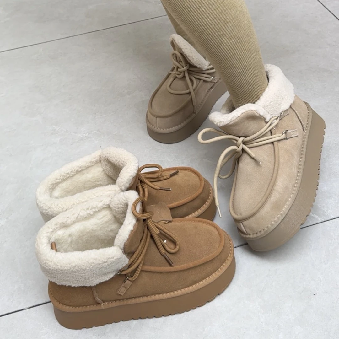 [asmira]0055-2冬季网红女款棉靴保暖增高厚底翻皮系带百搭雪地靴