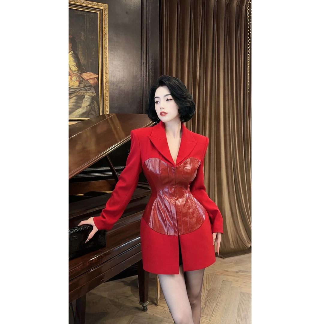 LYXJ【暮光玛丽亚】高级小众设计拼皮收腰连衣裙设计气质外套11727