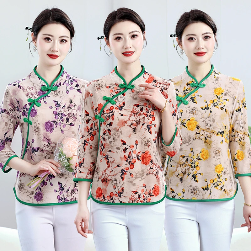 2025上衣复古女士斜襟立领碎花拼接妈妈装七分袖夏季小衫常规