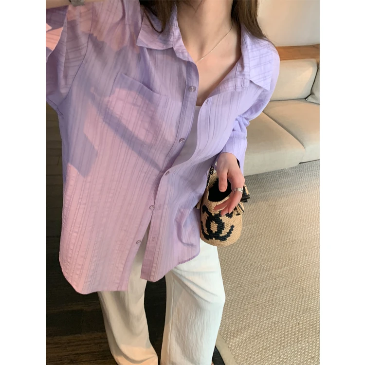 紫色条纹衬衫女夏季2025韩系宽松休闲衬衣慵懒风长袖防晒上衣外套