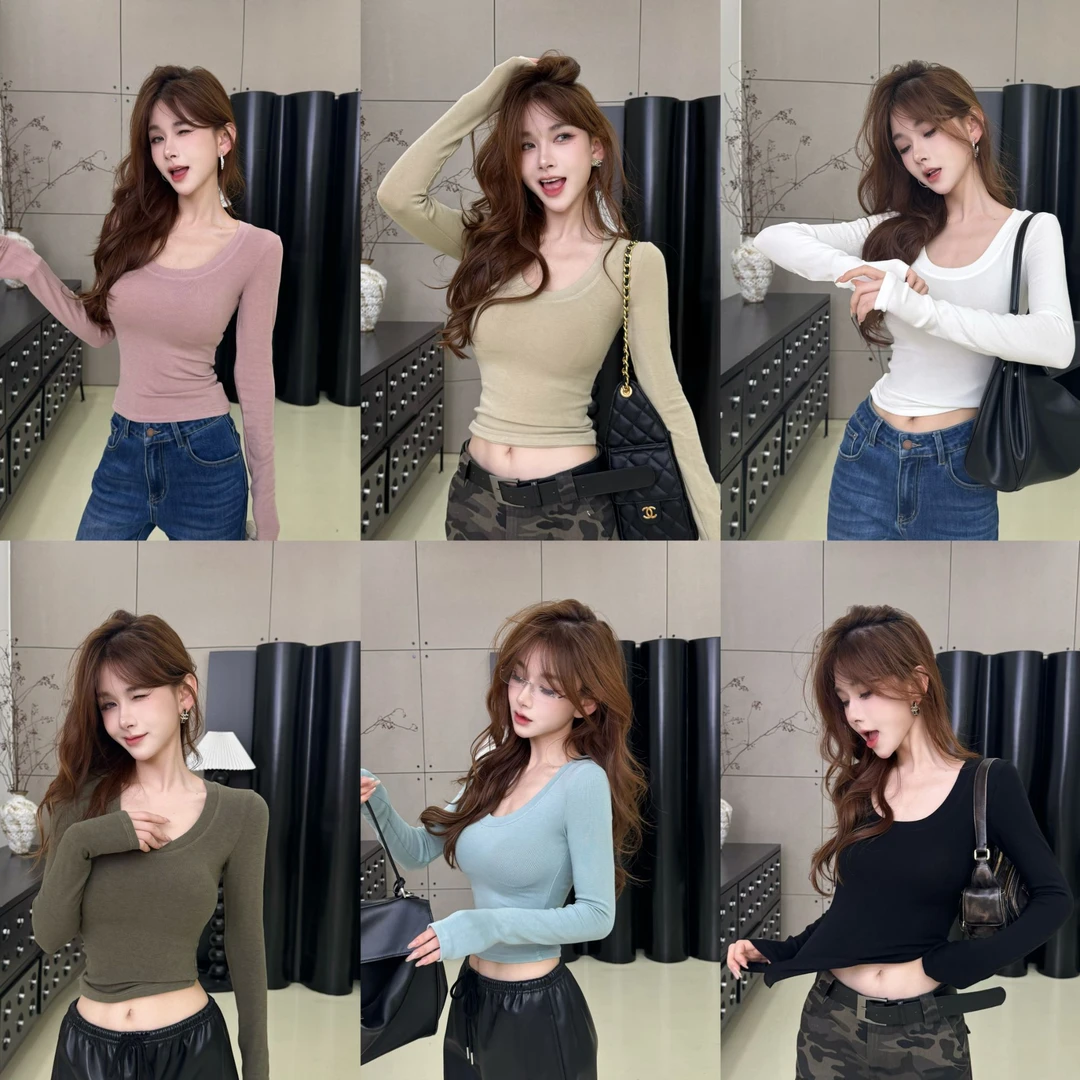 【柔软法则】纯色针织衫女长袖U领修身打底衫T恤韩版百搭显瘦