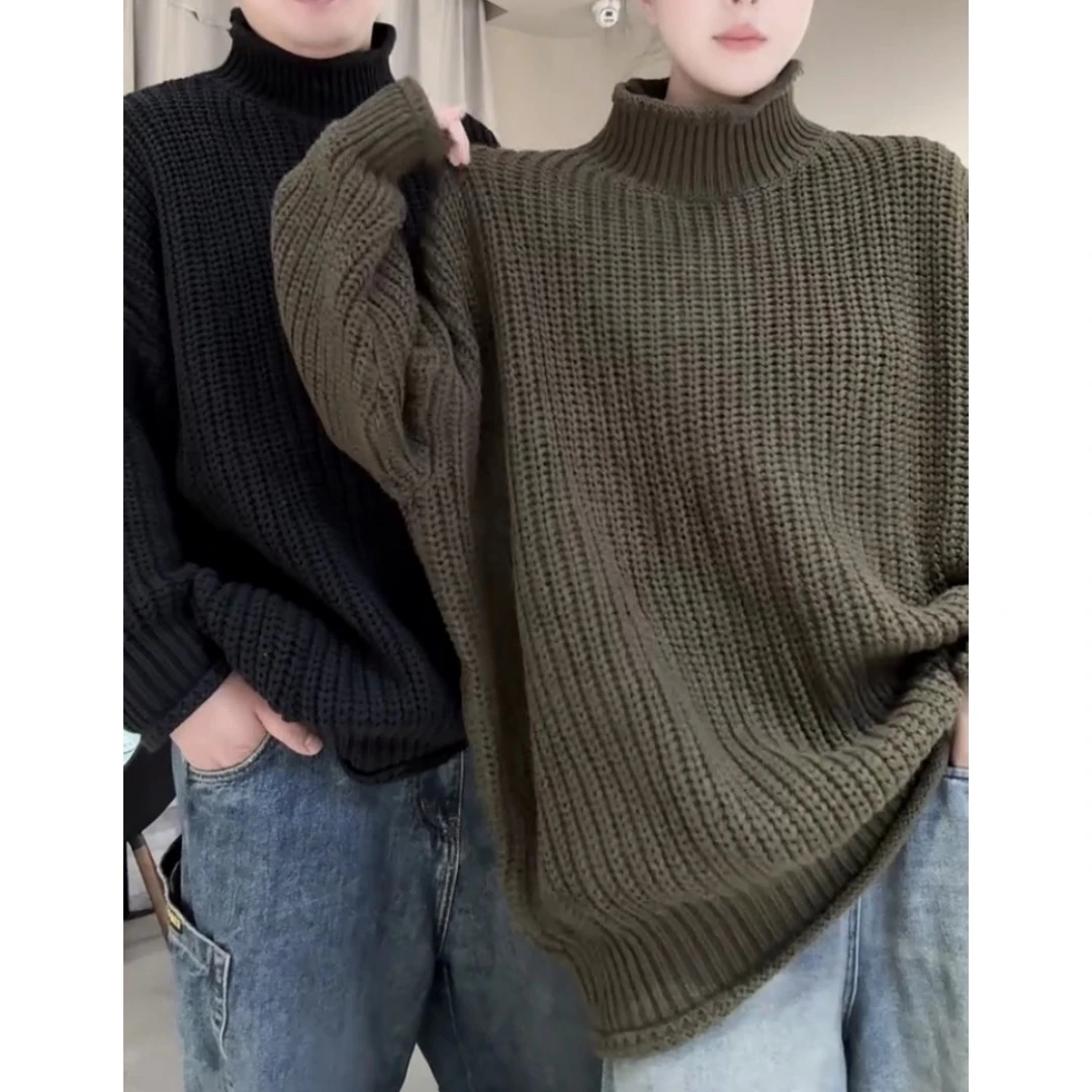 景倩妮时尚洋气粗线高领套头毛衣2025秋季新款显瘦宽松慵懒风上衣