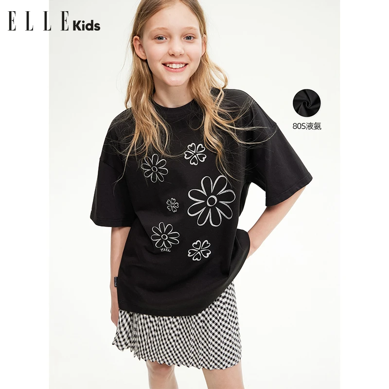 ELLE KIDS 80S抗皱液氨烫银短袖T恤女童夏季新款花朵印花上衣A1