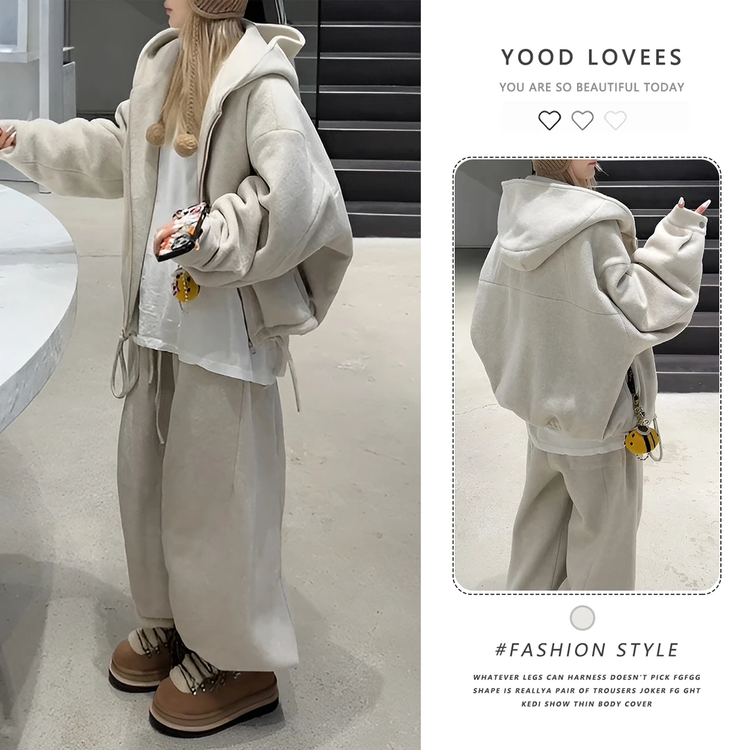 欧洲站休闲时尚套装女秋冬新款宽松显瘦连帽卫衣阔腿裤时尚两件套
