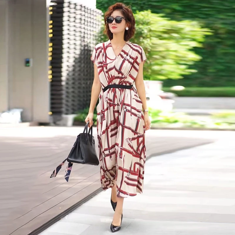 214气质妈妈印花无袖连衣裙2025夏季新款时尚减龄收腰显瘦长裙子