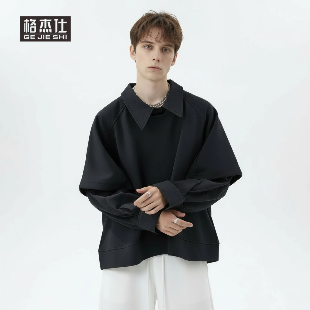 秋季新款假两件长袖衬衫男拼接套头卫衣韩版潮流宽松黑色百搭上衣
