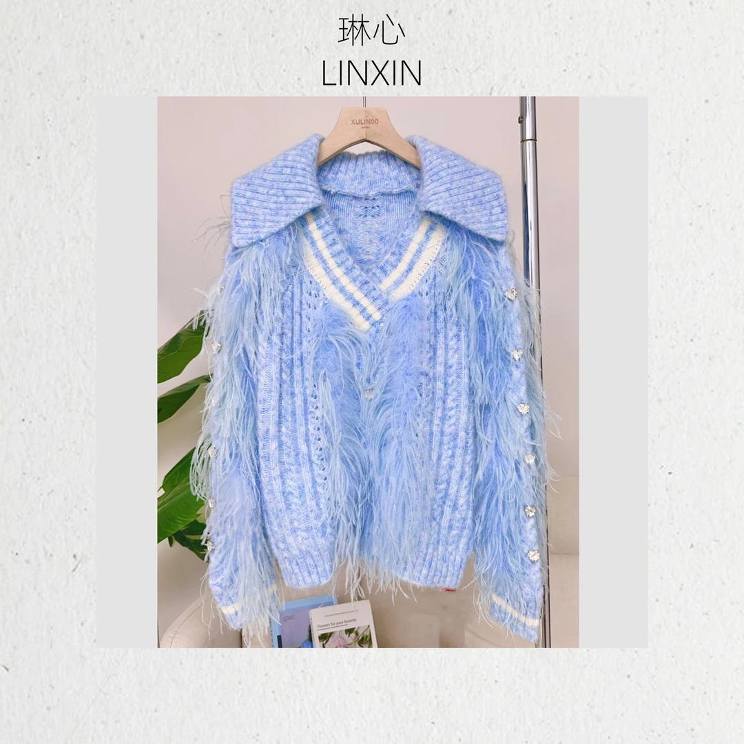 琳心秋冬新款气质百搭蓝色拉毛复古学院风羽毛套头针织衫 0305
