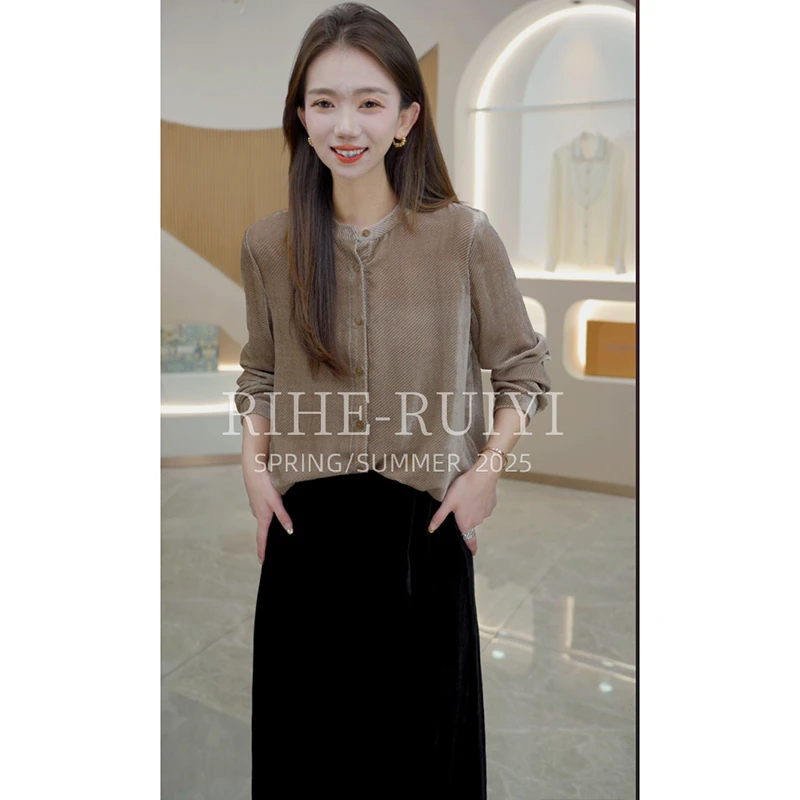 R H【丝绒斜纹剪花】新款时尚显瘦斜纹剪花真丝丝绒圆领衬衫RH501