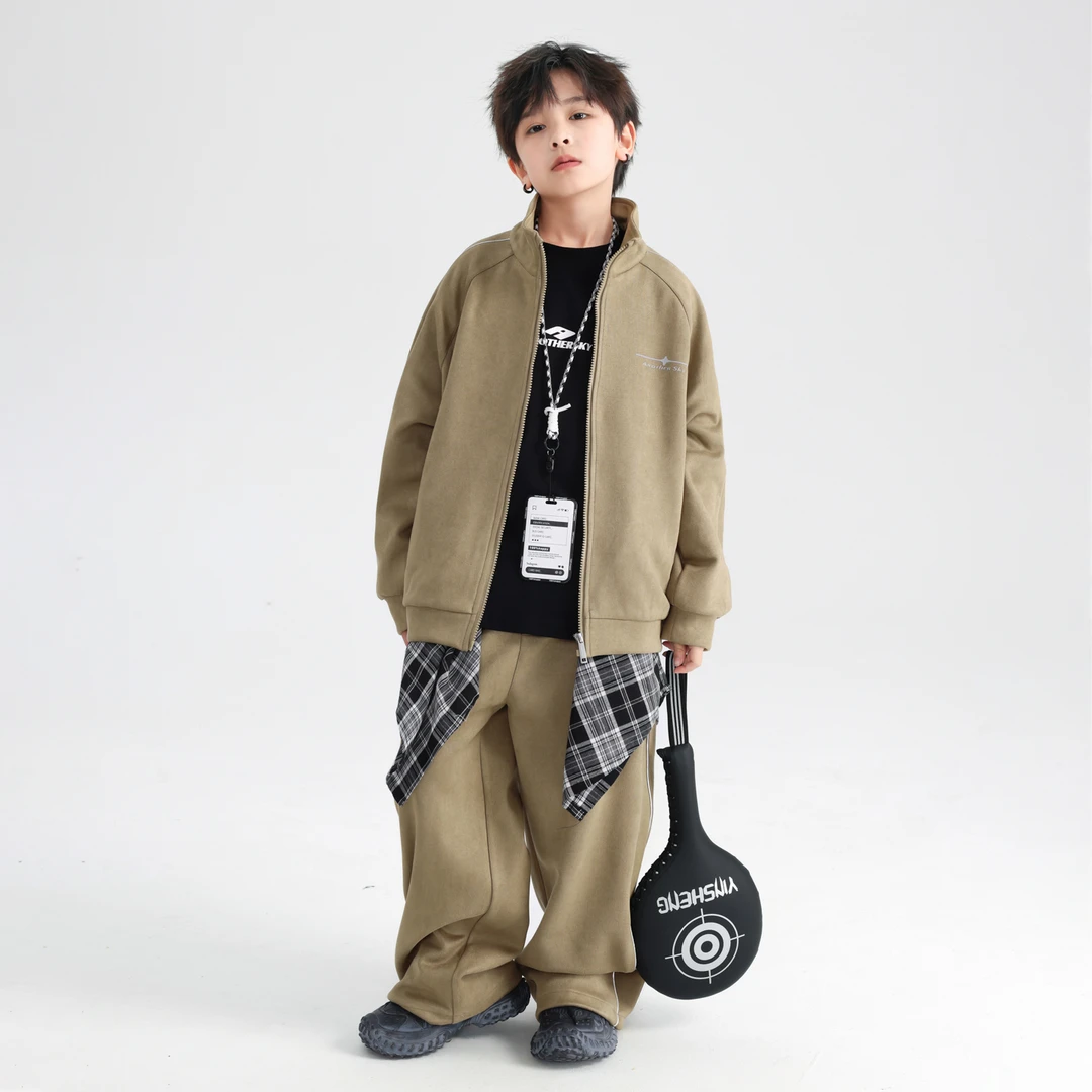 男童春秋装潮酷户外运动套装2025新款青少年学院麂皮绒衣服5912