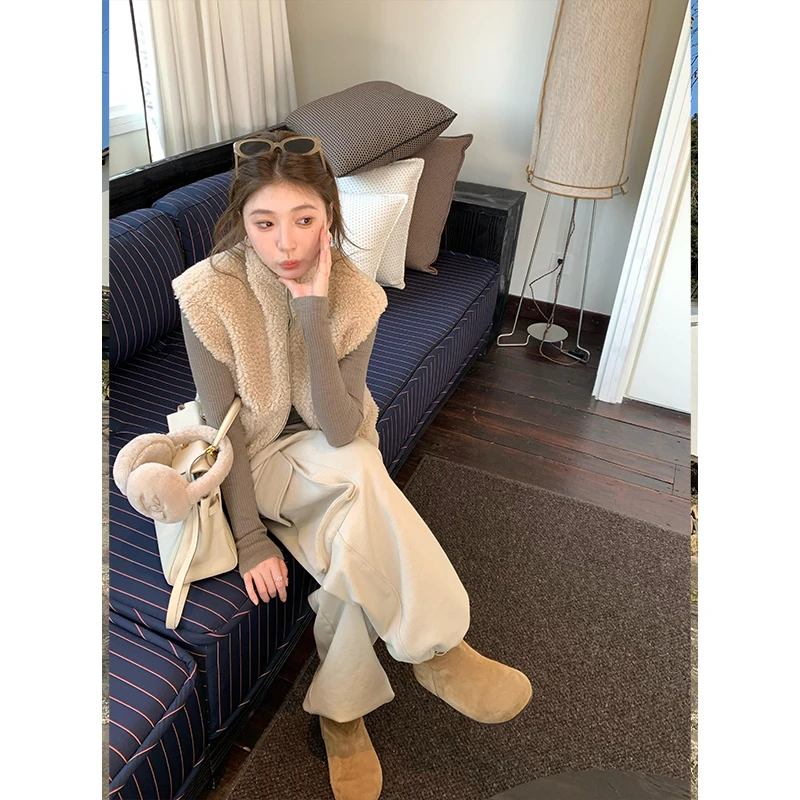 高级感时尚保暖舒适马甲背心内搭显瘦长袖上衣高腰垂感休闲工装裤