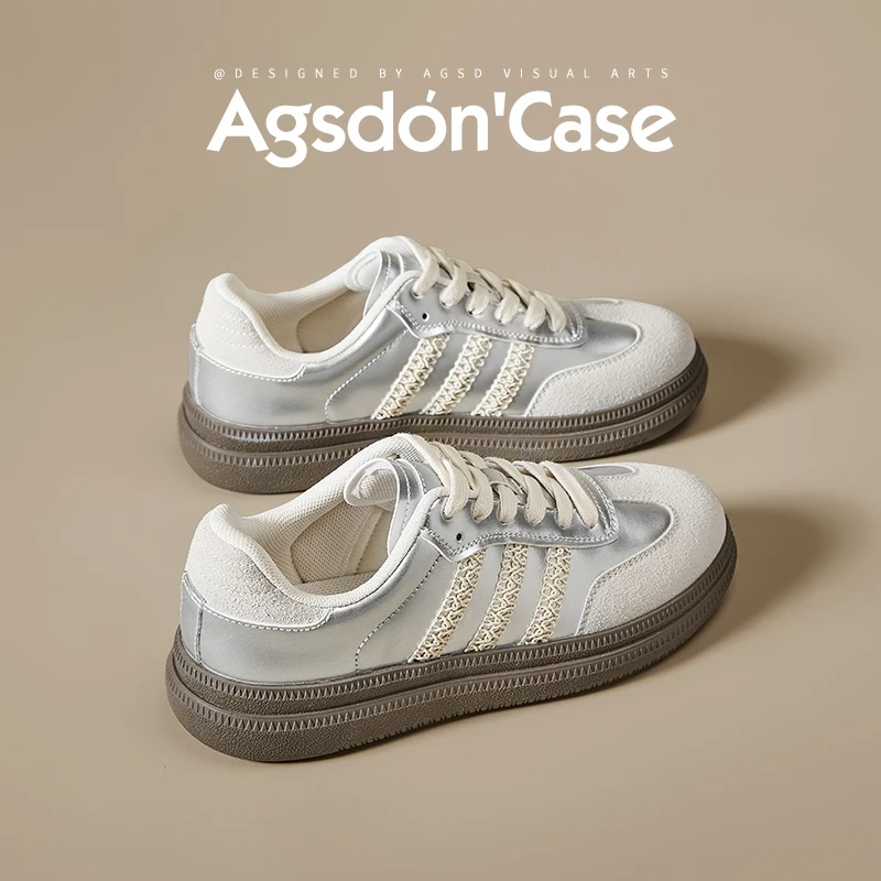 /奥古狮登银色德训鞋女2025新款夏秋季休闲板鞋芭蕾运动爆款百搭Q