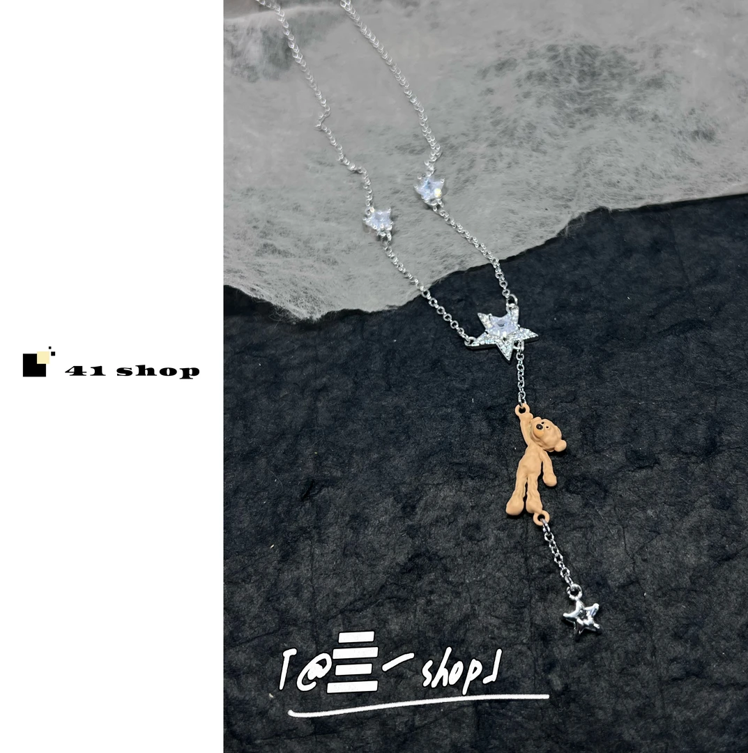 铜合金合成锆石项链 小熊五角星吊五角星项链
