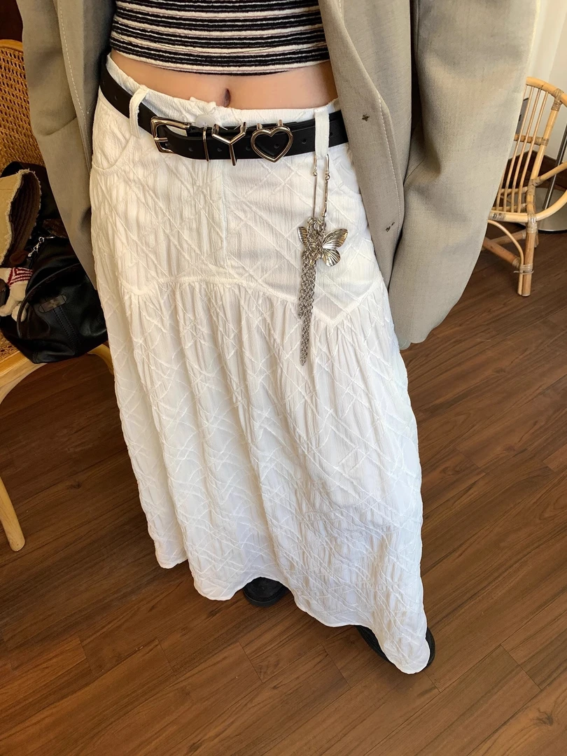立体格纹剪花白色半身裙女设计感中长款半裙