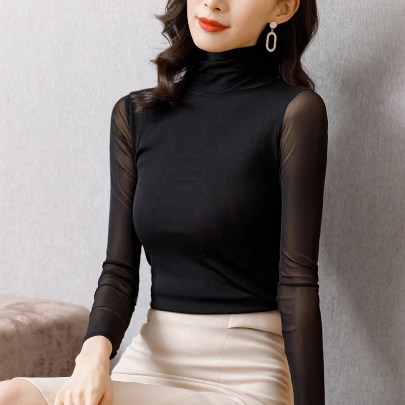 2020秋季新款高领纯色百搭修身大码网纱打底衫女大码内搭T恤上衣