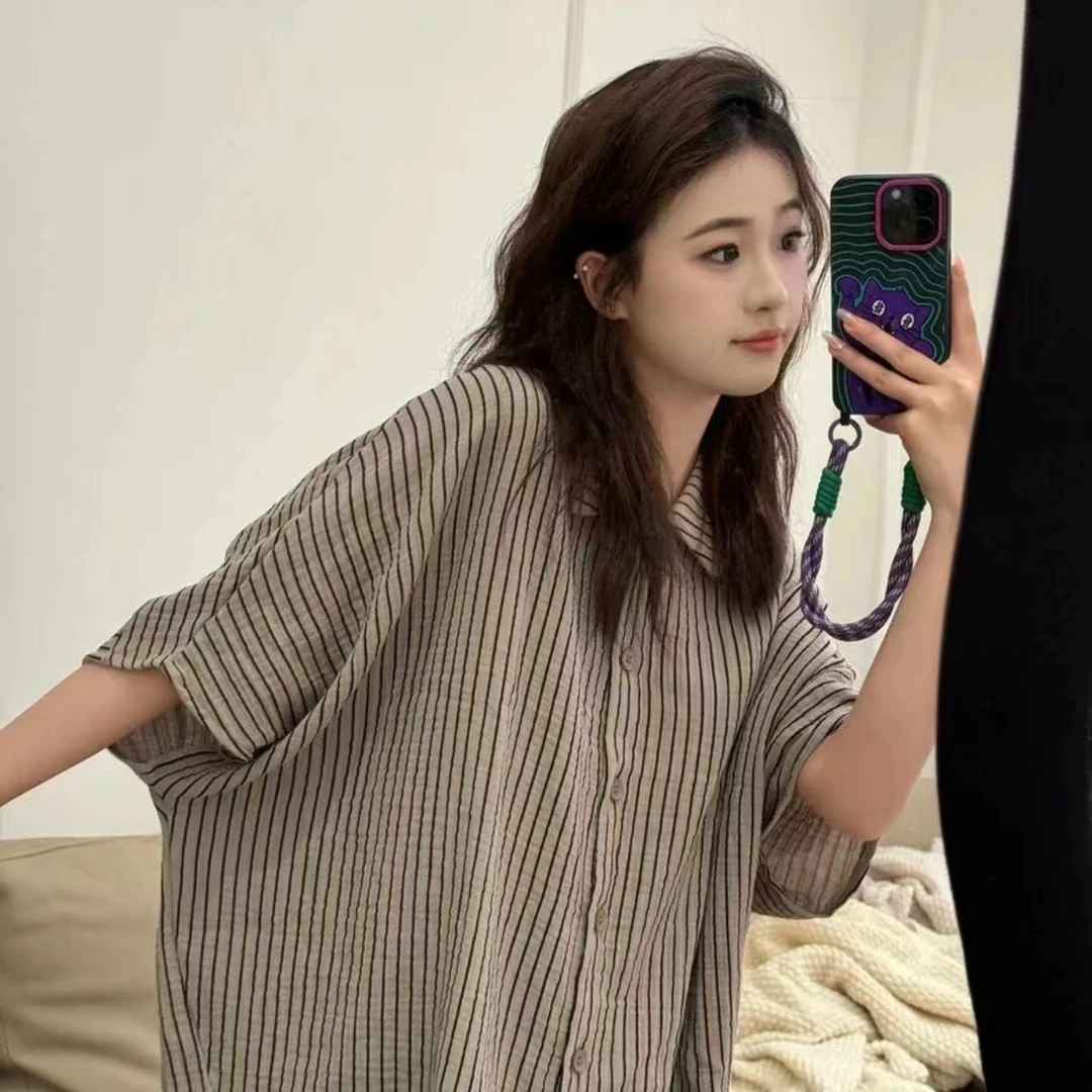 薄款睡衣女夏纯棉纱布新款五分袖短裤条纹套装小众宽松大码可外穿