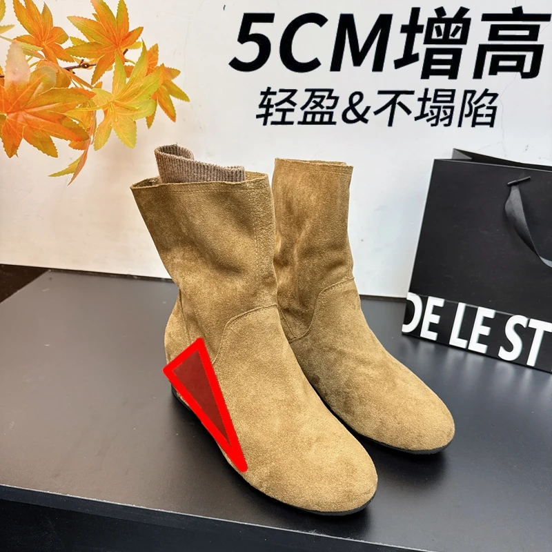 小个子隐形内增高5cm勃肯短靴女靴子秋夏新款百搭西部靴堆堆靴女