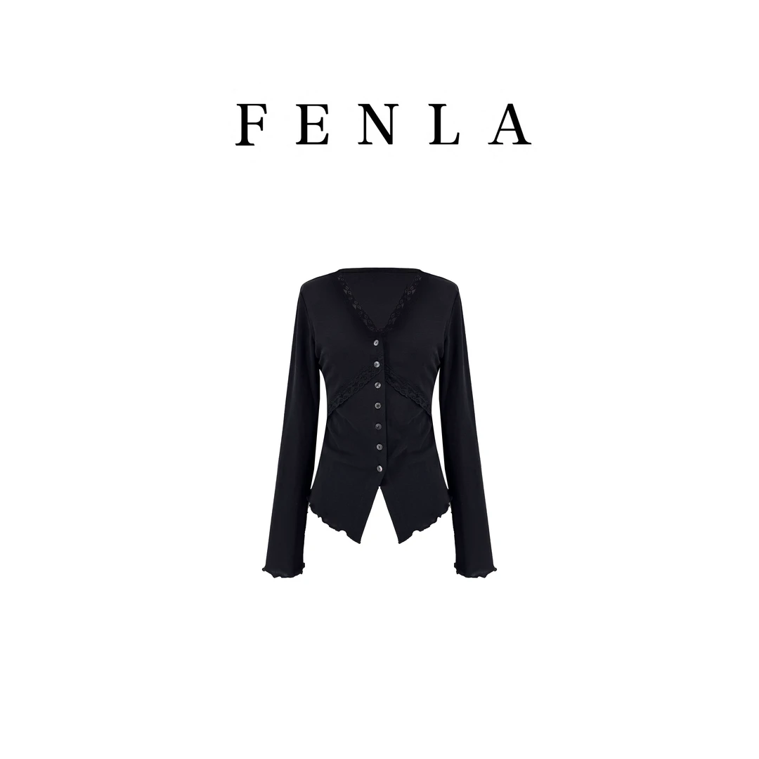 【惠姐私服】｛智性美女｝气质V领系扣短款蕾丝花边长袖女上衣 83522