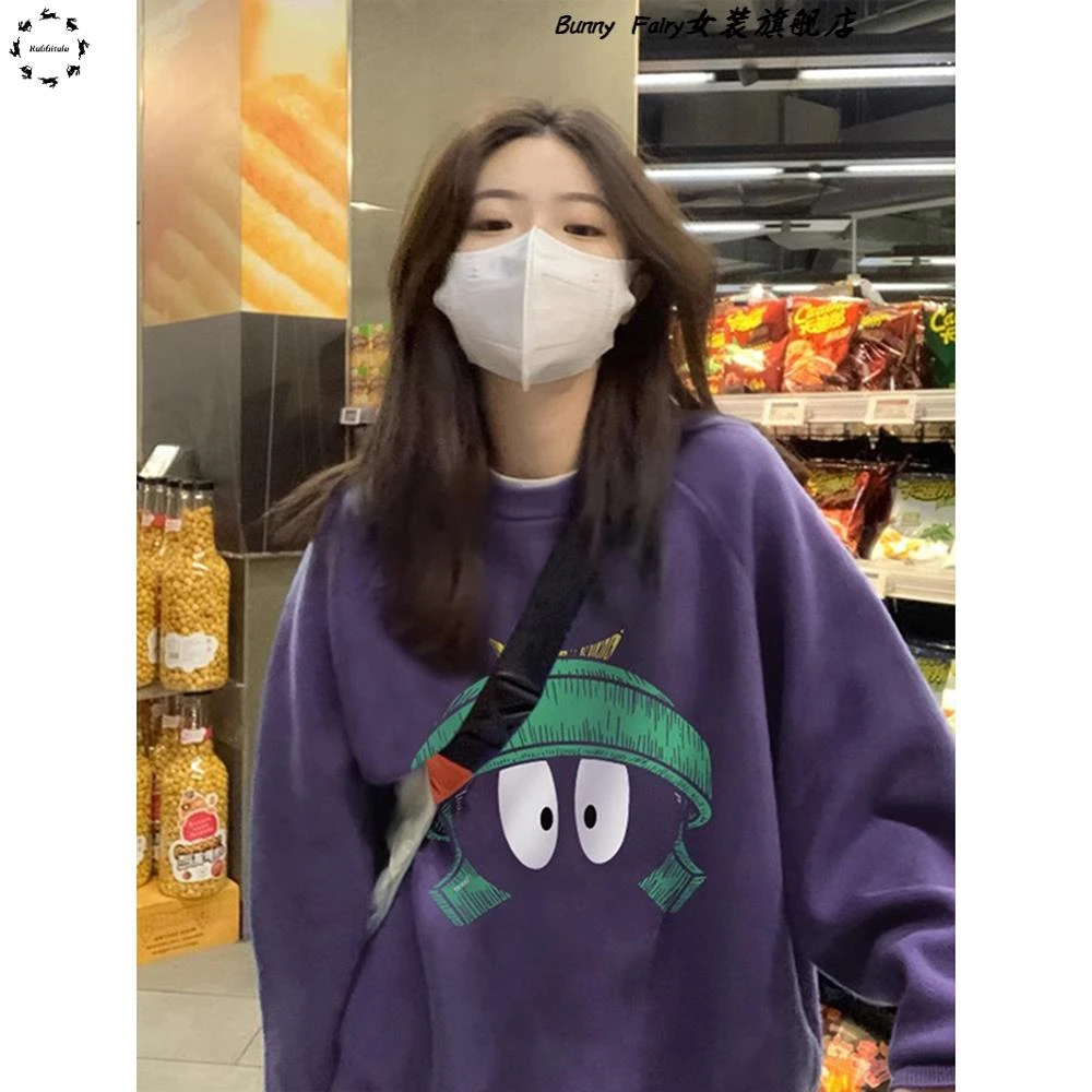 美式覆古卡通圆领紫色加绒卫衣女秋冬洋气慵懒风oversize宽松外套