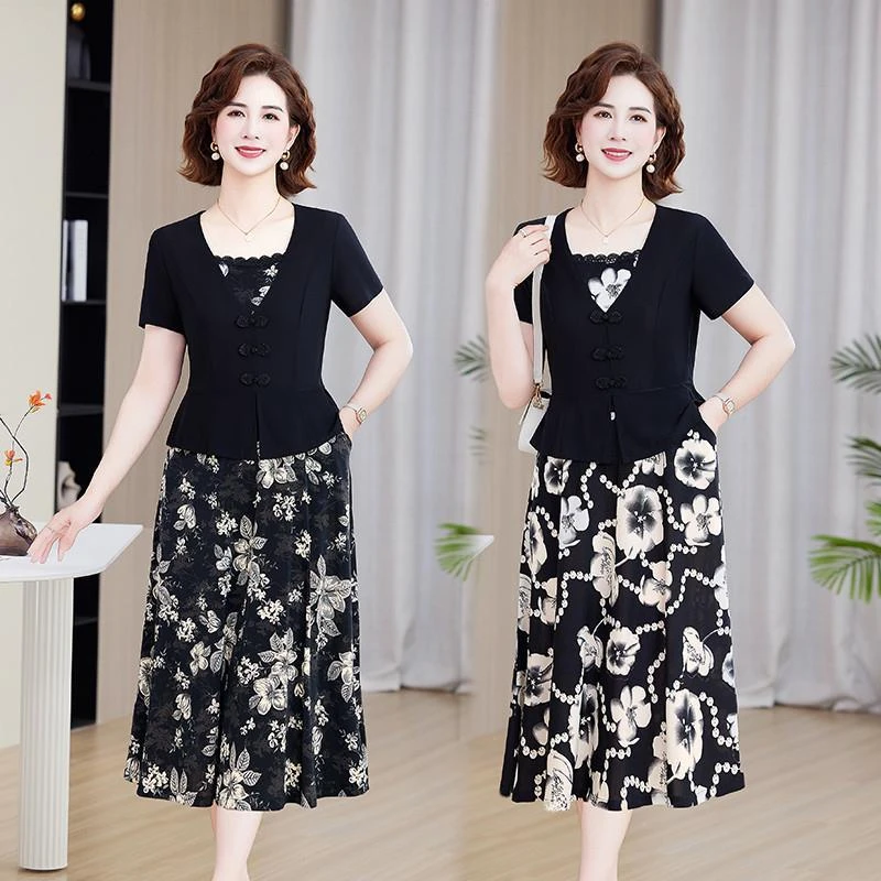 遮肚显瘦假两件拼接洋气裙子中老年女妈妈装夏季新款连衣裙中长款