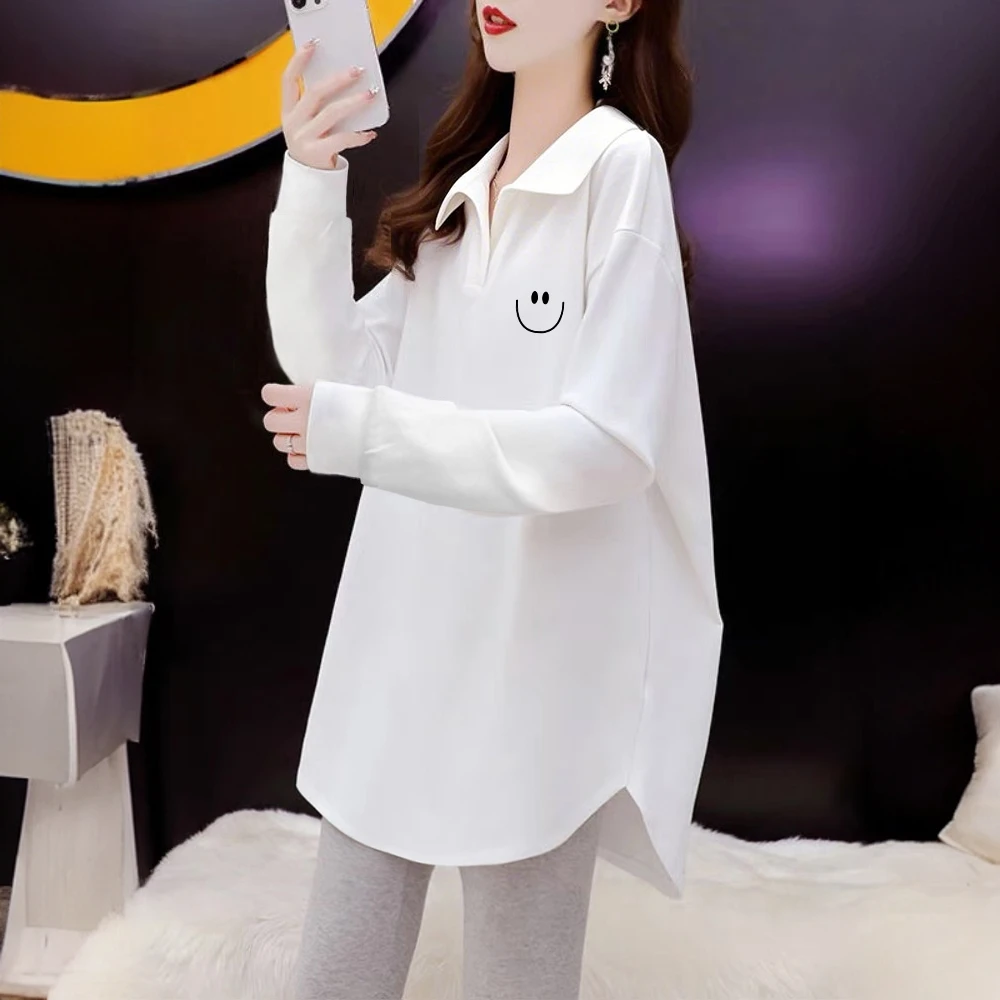 秋季上衣中长款韩版长袖t恤白色POLO领显瘦减龄慵懒风女士打底衫