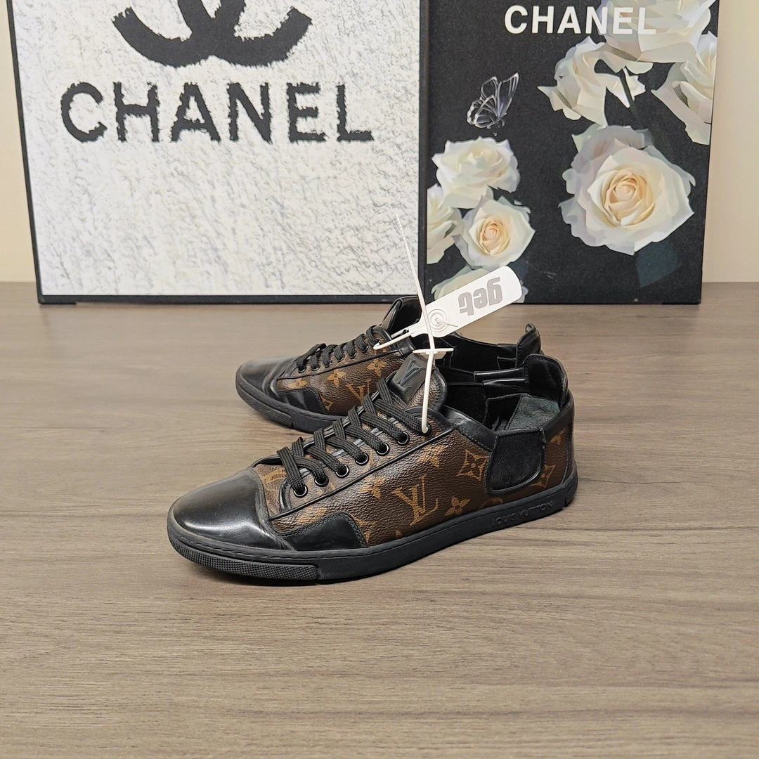 95新 LouisVuitton/路易威登 黑棕色老花板鞋39.5码97新公价8700