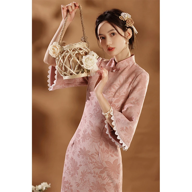 复古民国风倒大袖改良旗袍中式年新款年轻款少女日常鹿皮绒连衣裙