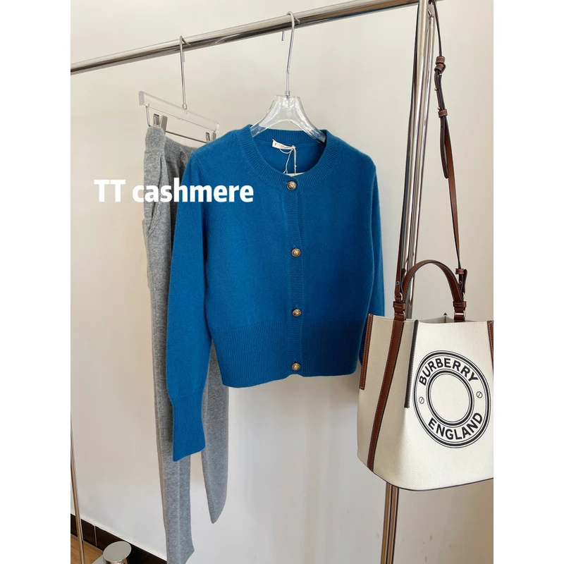 TTcashmere秋冬新款女chao显白的克莱因蓝色加厚羊绒开衫毛衣纯色